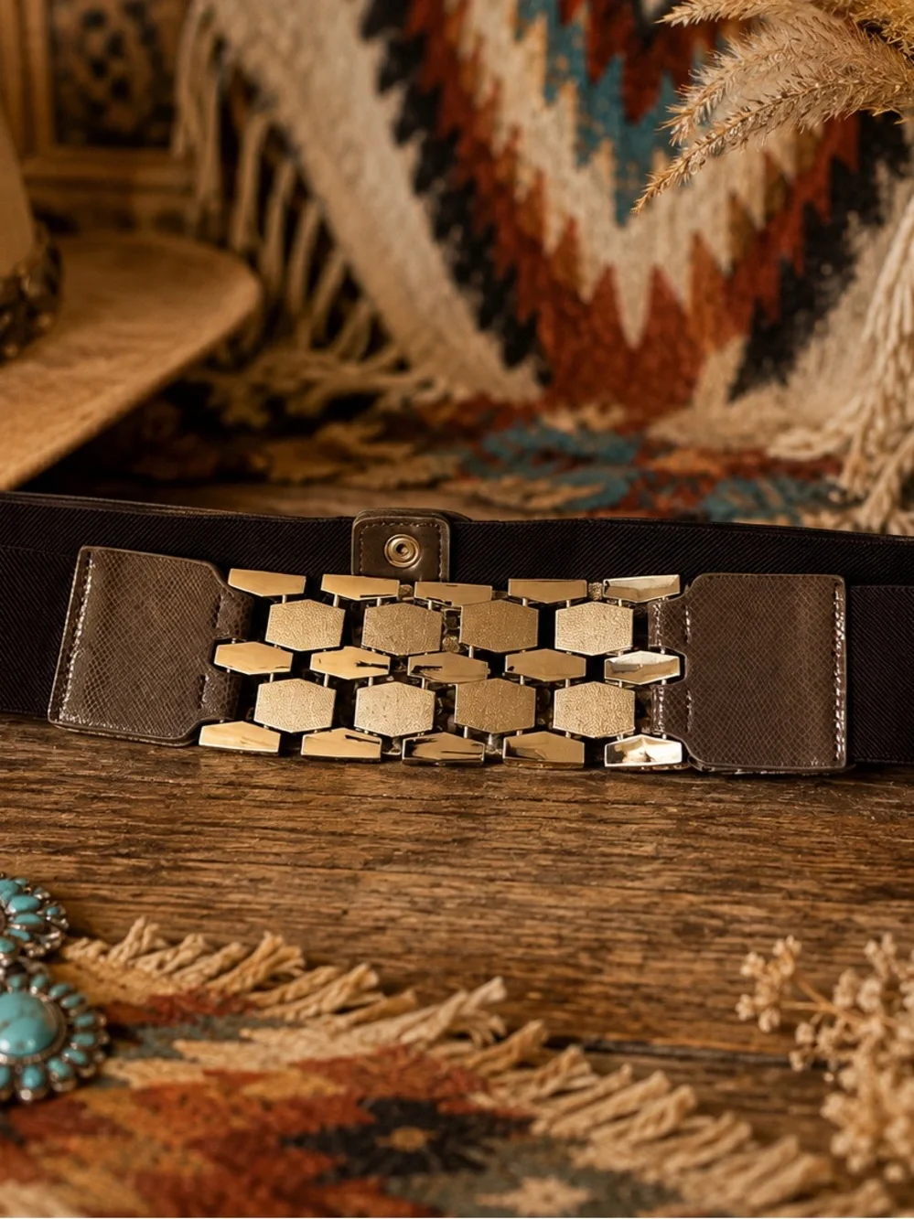 Boho Western Women’s Adjustable Snap Chocolate Elastic Belt with Gold Geometric